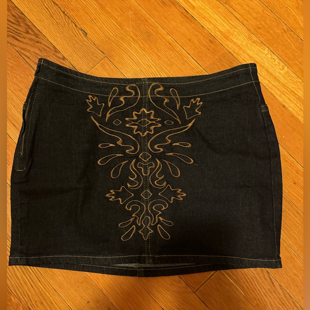 Black dark Jean Denim mini Skirt with Embroidered Design western
